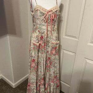 Cream/Floral Maxi Sundress with Ruched Tie Front and Adjustable Tie Straps